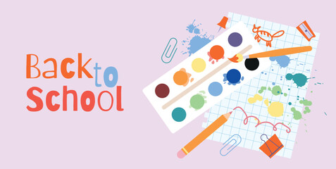 Back to School Poster with Paint Palette, Paintbrush, Pencil, Sharpener, Clip, Pin, Color Splatters and Hand Drawn Doodles on Grid Paper. Vector Illustration