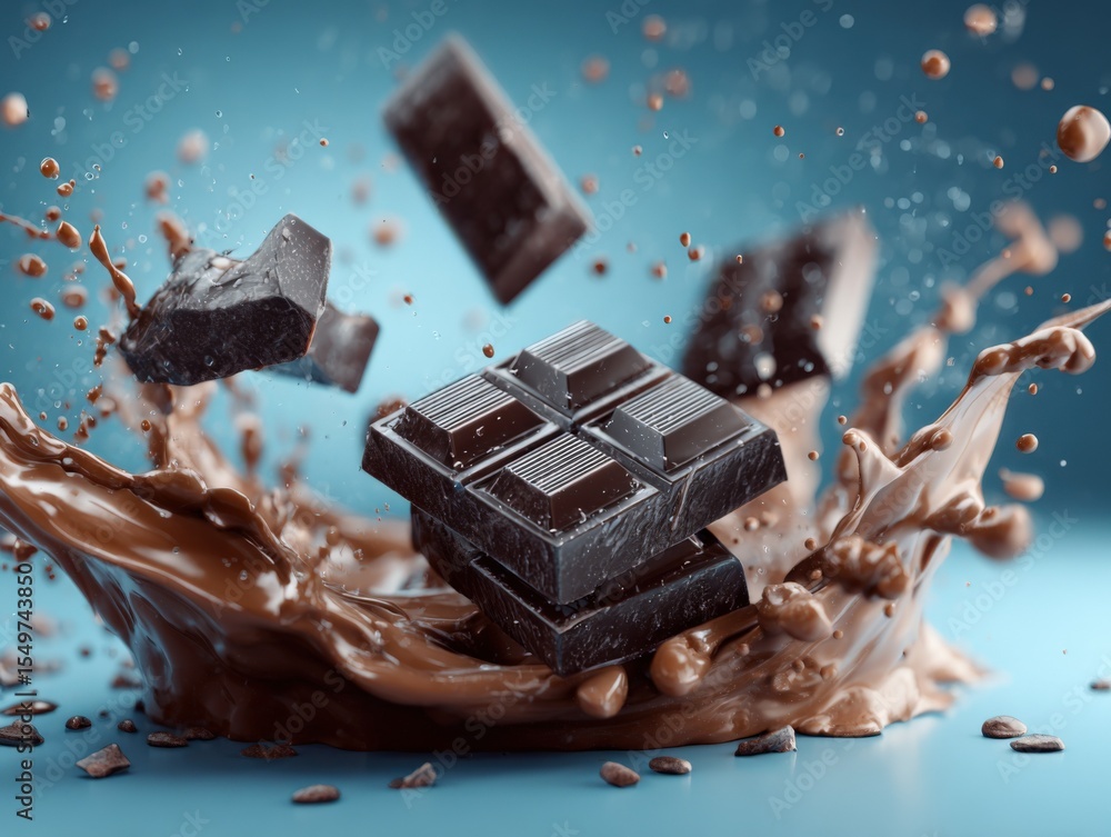 Poster dynamic scene of broken chocolate blocks splashing into milk with cocoa powder and chocolate pieces 