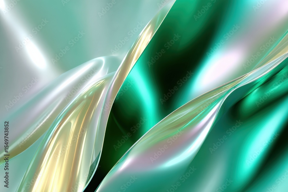 Poster abstract flowing silky fabric with smooth curves and vibrant green, gold, and silver hues creating a