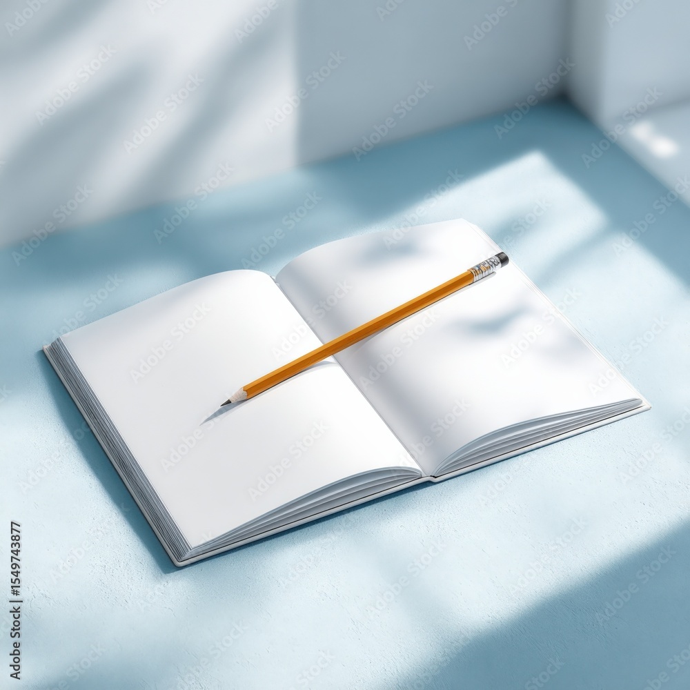 Poster Open blank notebook with a pencil on a soft blue textured surface near a sunny window with natural light and shadows for writing sketching or creative work