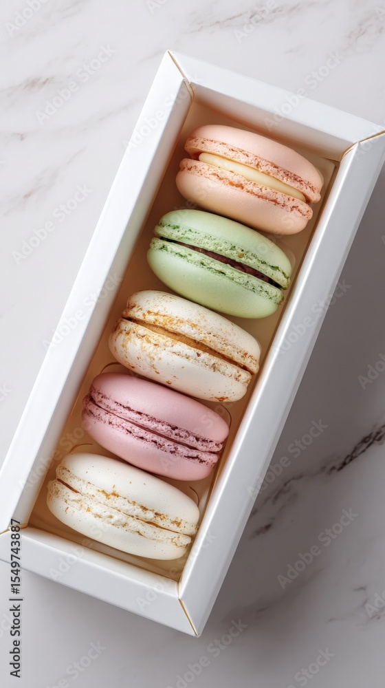 Poster elegant pastel macarons in a white rectangular box with a marble surface background featu colorful d
