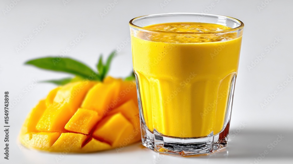 Aufkleber refreshing cold mango smoothie in clear glass with fresh mango slices and green mint garnish on whit