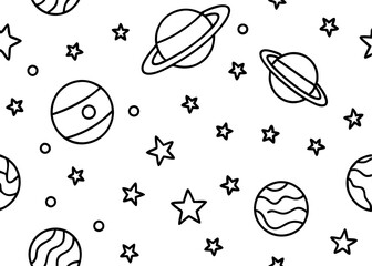 Space monochrome seamless pattern with astronaut cosmic objects manned ships satellite on starry sky background