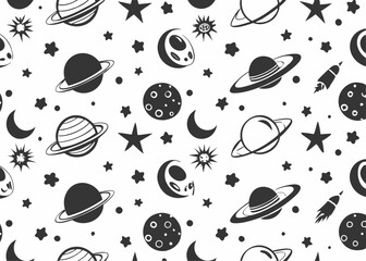 Space seamless pattern. black and white version Watercolor vector illustration
