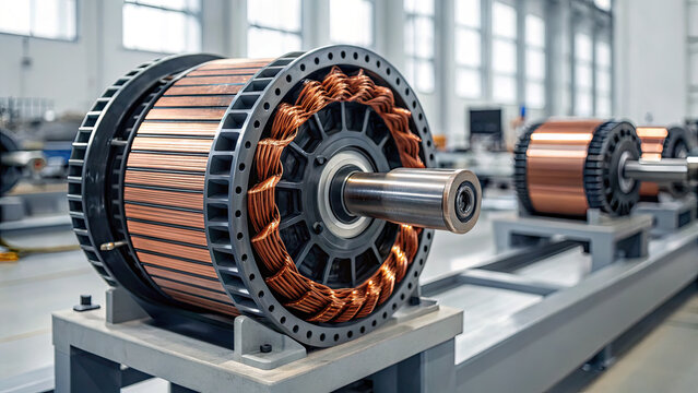 Electric motor rotor with copper windings in modern industrial factory, showcasing precision engineering and advanced manufacturing technology