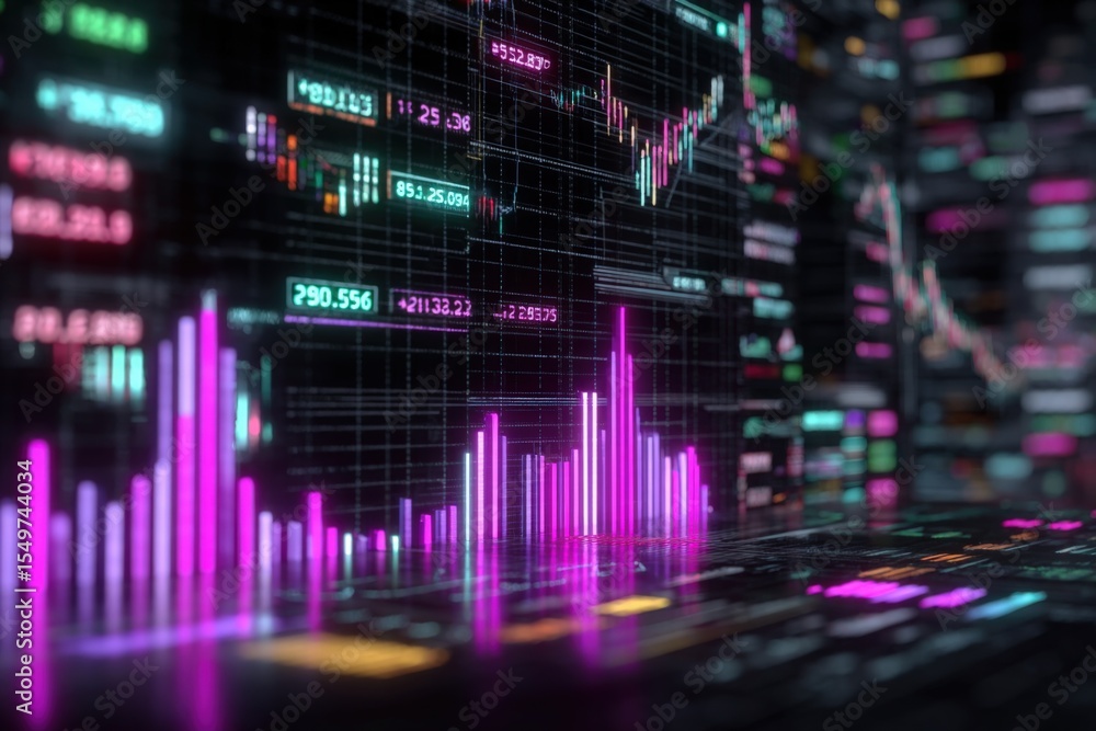 Aufkleber Digital stock market chart with colorful glowing graphs and data analytics representing financial growth and trading insights