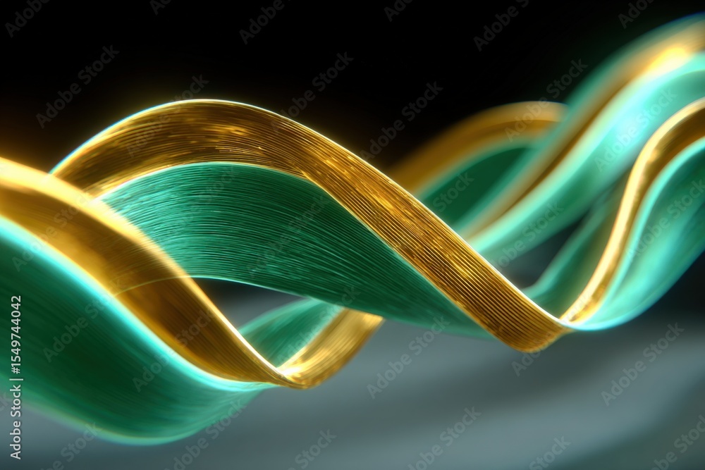 Poster Vibrant Abstract Metallic Wavy Lines in Golden and Teal Colors with a Smooth Gradient Background for Artistic and Design Projects