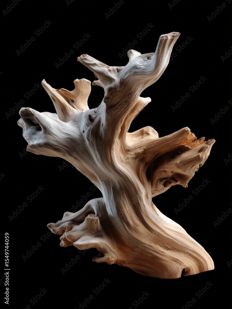 Poster Intricate and Artistic Piece of Weathered and Rooted Tree Sculpture with Twisted and Gnarled Wood Grain on Black Background