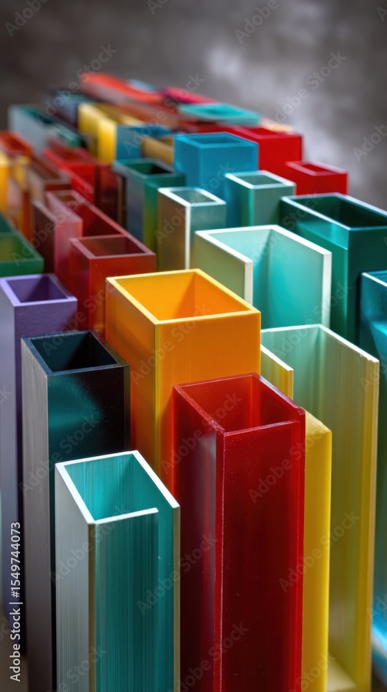 Aufkleber Colorful Upward Perspective of Transparent Polyhedral Geometric Blocks in Various Bright Colors Arranged in a Pattern on Dark Background