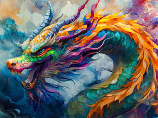 A vibrant, colorful Chinese dragon, rendered in a painterly style with scales of gold, orange, and red, and a flowing mane and beard in greens and blues, emerging from mystical, colorful clouds.
