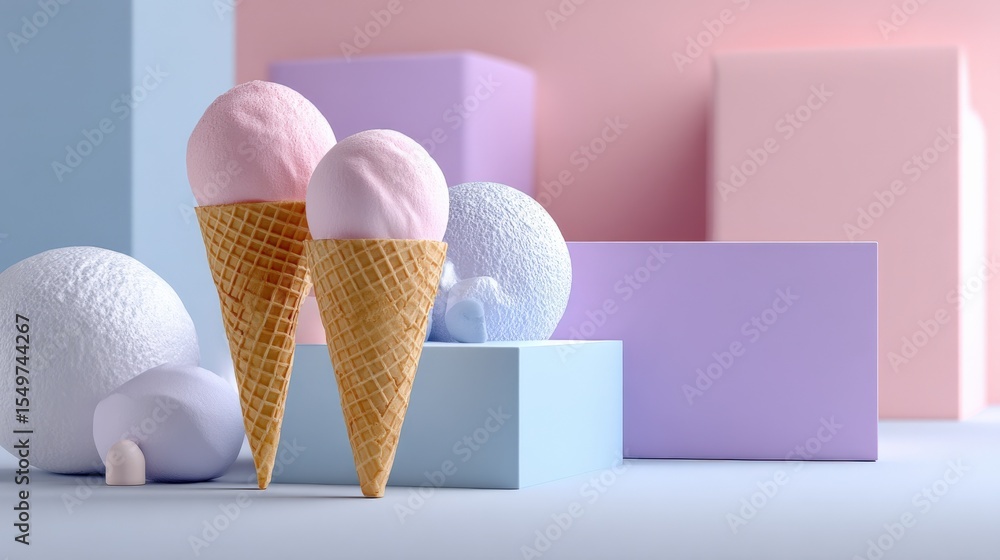 Poster colorful ice cream cones with ice cream balls on pastel geometric blocks in bright studio setting fo