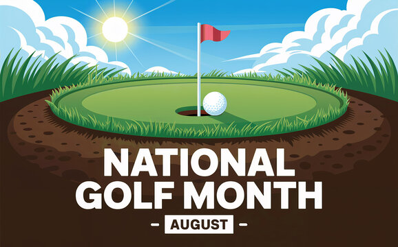 National Golf Month August Illustration with Golf Green and Ball