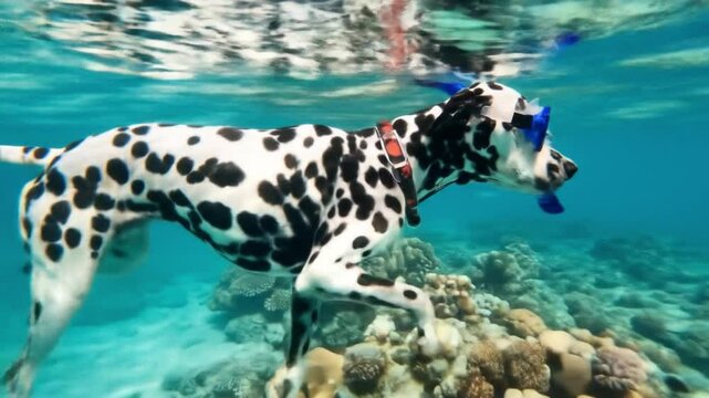 Dalmatian dog swimming underwater near coral reef, creating bubbles in a vibrant marine setting