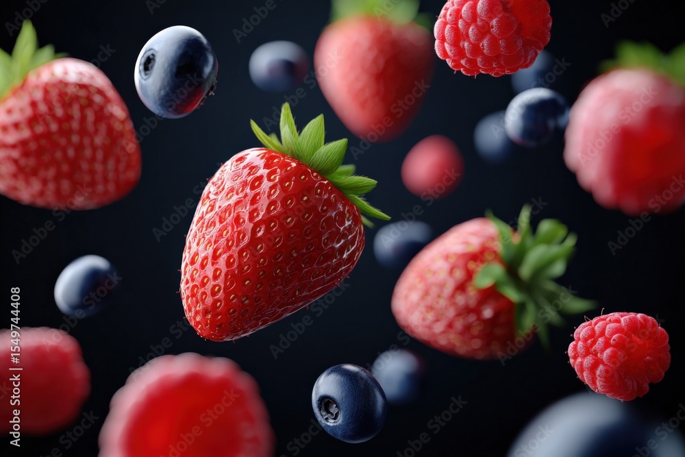 Poster fresh ripe strawberries blueberries and raspberries floating in midair on dark background with vibra
