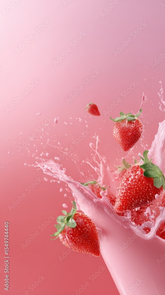 Poster fresh strawberries splashing into pink liquid with vibrant red and green colors creating a dynamic a
