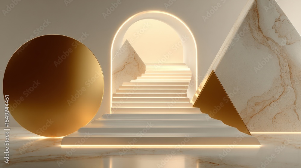 Poster Modern minimalistic architectural scene with golden sphere large geometric shapes and marble textures illuminated by soft warm light