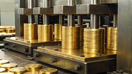 Gold coins being pressed in minting machine, showcasing precision and industrial craftsmanship