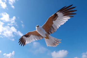 Fototapeta premium Beautiful flying bird of prey soa high in a clear blue sky with fluffy white clouds du daytime, showcasing wingspan and flight freedom