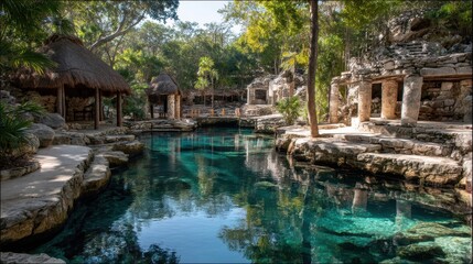 Emerald cenote pool with jungle canopy reflection at midday