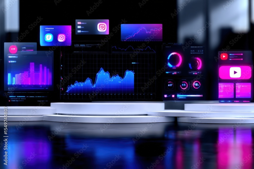 Poster Futuristic Digital Data Analysis Visualization with Graphs Charts and Infographics on High Tech Computer Screens in Dark Environment