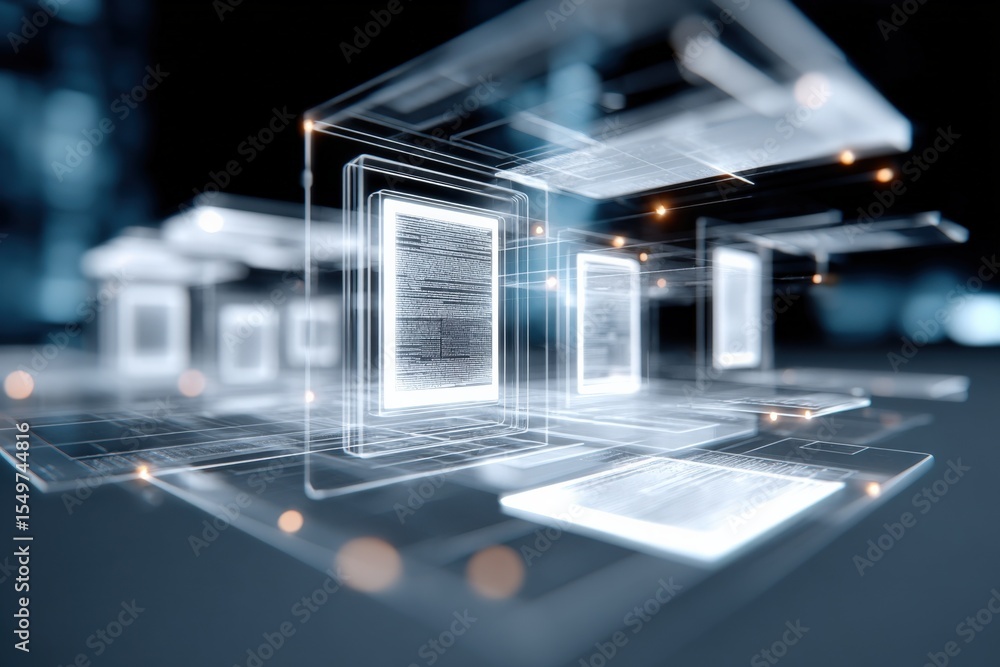 Poster Futuristic Digital Concept of E-Books and E-Readers in a High-Tech Environment with Virtual Display Technology and Digital Reading Devices