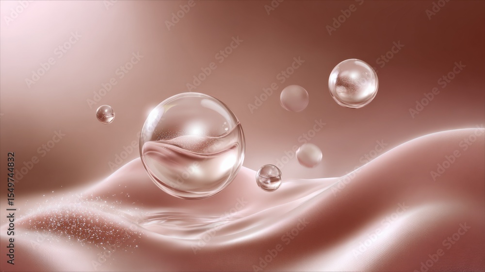 Poster Close-up of multiple floating glass spheres on a smooth pink surface with soft gradient background and elegant light reflections, creating a modern abstract design