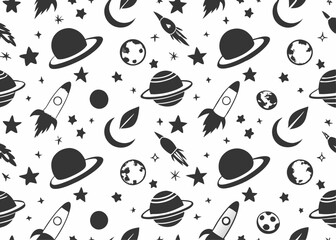 Space and Astronaut seamless repeat pattern line art vector illustration
