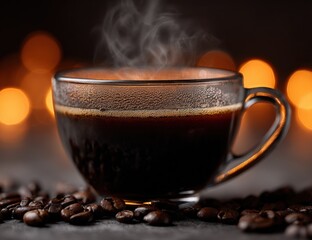 Hot freshly brewed black coffee in transparent glass cup with steam rising on dark background with bokeh lights and scattered coffee beans