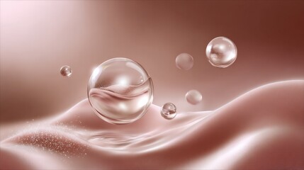 Fototapeta premium Close-up of multiple floating glass spheres on a smooth pink surface with soft gradient background and elegant light reflections, creating a modern abstract design