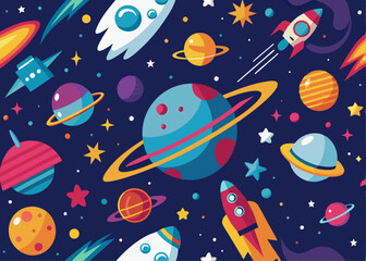 Hand drawn space pattern design, Rocket and planets draws of solar system design