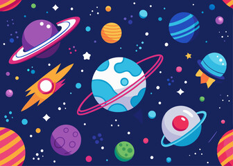 Hand drawn space pattern design, Rocket and planets draws of solar system design