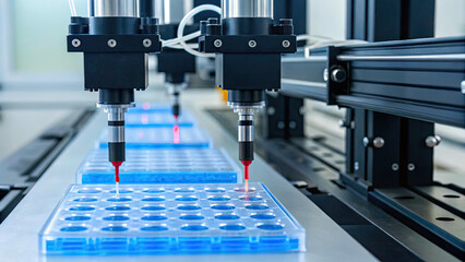 Automated robotic arms precisely dispensing liquid into plastic trays in modern laboratory setting, showcasing advanced technology