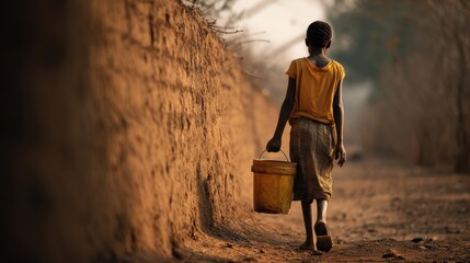A girl carrying water in a bucket , full-body shot , in a dry dusty village road