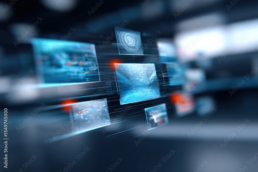 Poster futuristic digital technology interface with holographic screens and data visualization in a high-te