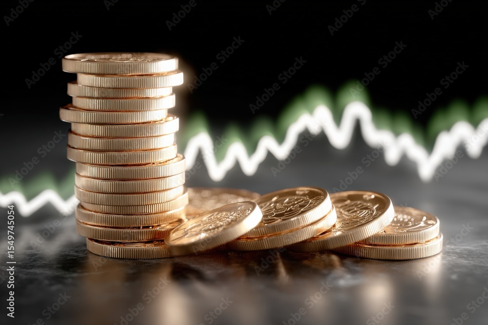 Poster Close-up of stacked and scattered gold coins on dark surface with financial chart in background emphasizing wealth and investment success