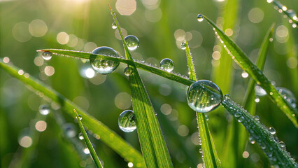 Dewdrops glistening on fresh green grass blades in morning sunlight, creating serene and refreshing natural scene