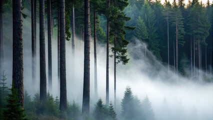 Misty forest with tall pine trees and dense fog creating serene and mysterious atmosphere in lush green woodland
