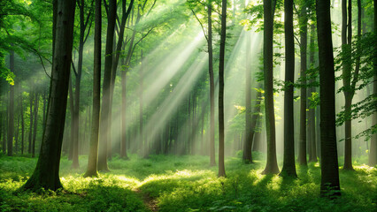 Serene forest scene with sunlight streaming through tall trees, illuminating lush green foliage and creating peaceful atmosphere