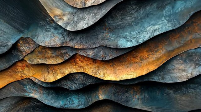 Abstract layers of textured, wavy surfaces in shades of blue, grey, and gold