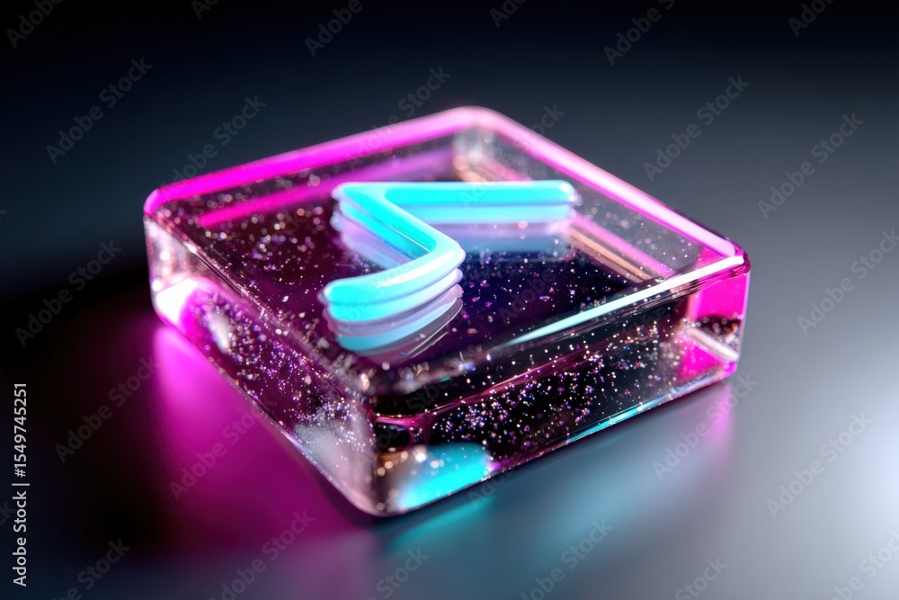 Poster vibrant neon heart shape in transparent resin block with glitter and colorful illumination for moder
