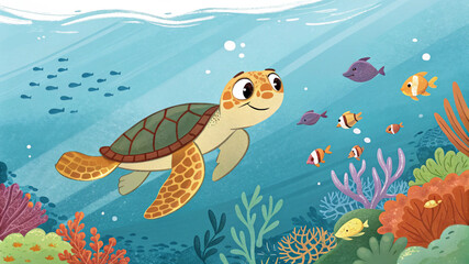 Fototapeta premium Happy Sea Turtle Swimming – Cute Ocean Wildlife