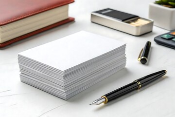 Stack of white paper is on a table next to a pen and a box of matches