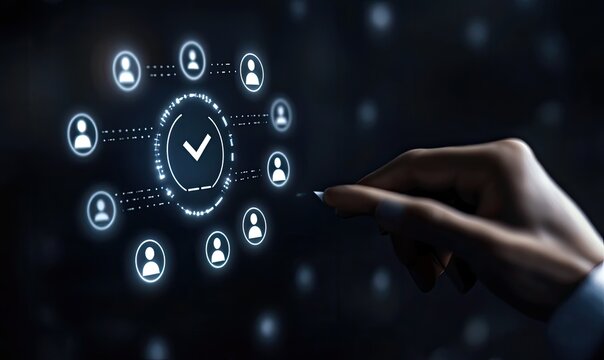 Hand interacting with a glowing, digital network of user icons and a checkmark