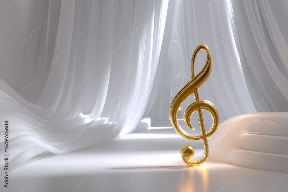 Poster elegant gold treble clef sculpture resting on a smooth surface amidst flowing white curtains with so