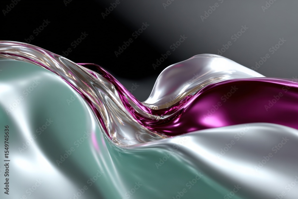 Poster Abstract colorful flowing fabric with smooth curves and shiny textures in vibrant shades of purple teal and white in a dynamic artistic composition