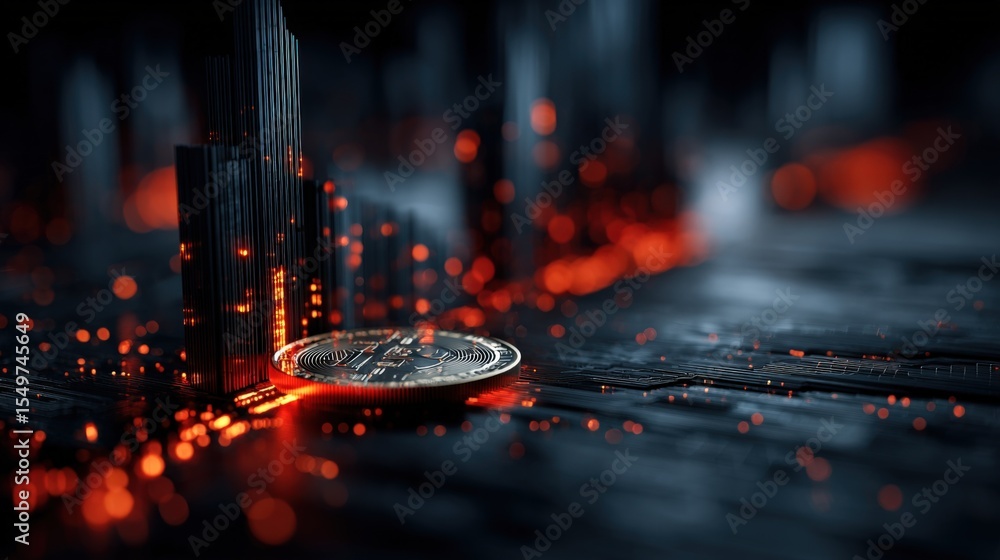 Poster High-tech digital data visualization with glowing lines and numerical coins representing cryptocurrency blockchain technology and financial markets