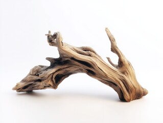 Natural Driftwood Piece with Intricate Twisted Timber and Weathered Texture on Clean White Background for Decorative Crafting
