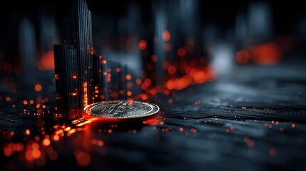High-tech digital data visualization with glowing lines and numerical coins representing cryptocurrency blockchain technology and financial markets