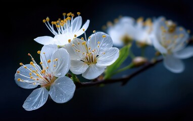 Close-up of white cherry blossoms with delicate petals and yellow stamens on dark blurred background ideal for sp nature themes