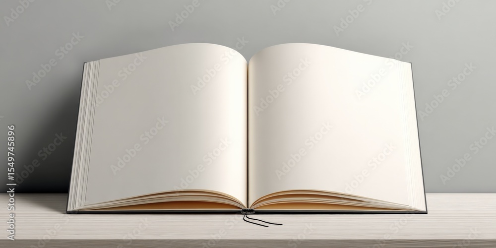 Poster Open blank notebook with a black ribbon bookmark lying on a light gray surface showcasing space for writing or drawing for creative projects and journaling